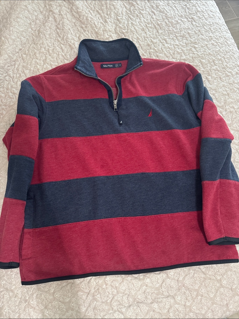 Nautica Red and Navy Wide-Stripe Quarter Zip Pullover